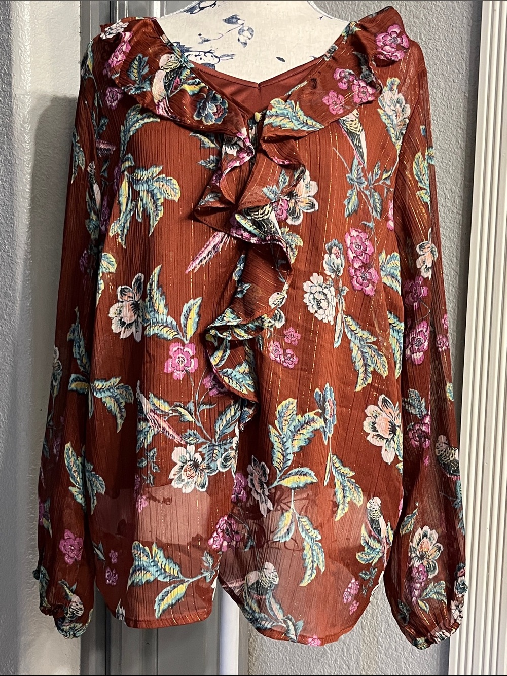 Rust Floral Ruffle Front Blouse With Matching Tank Top